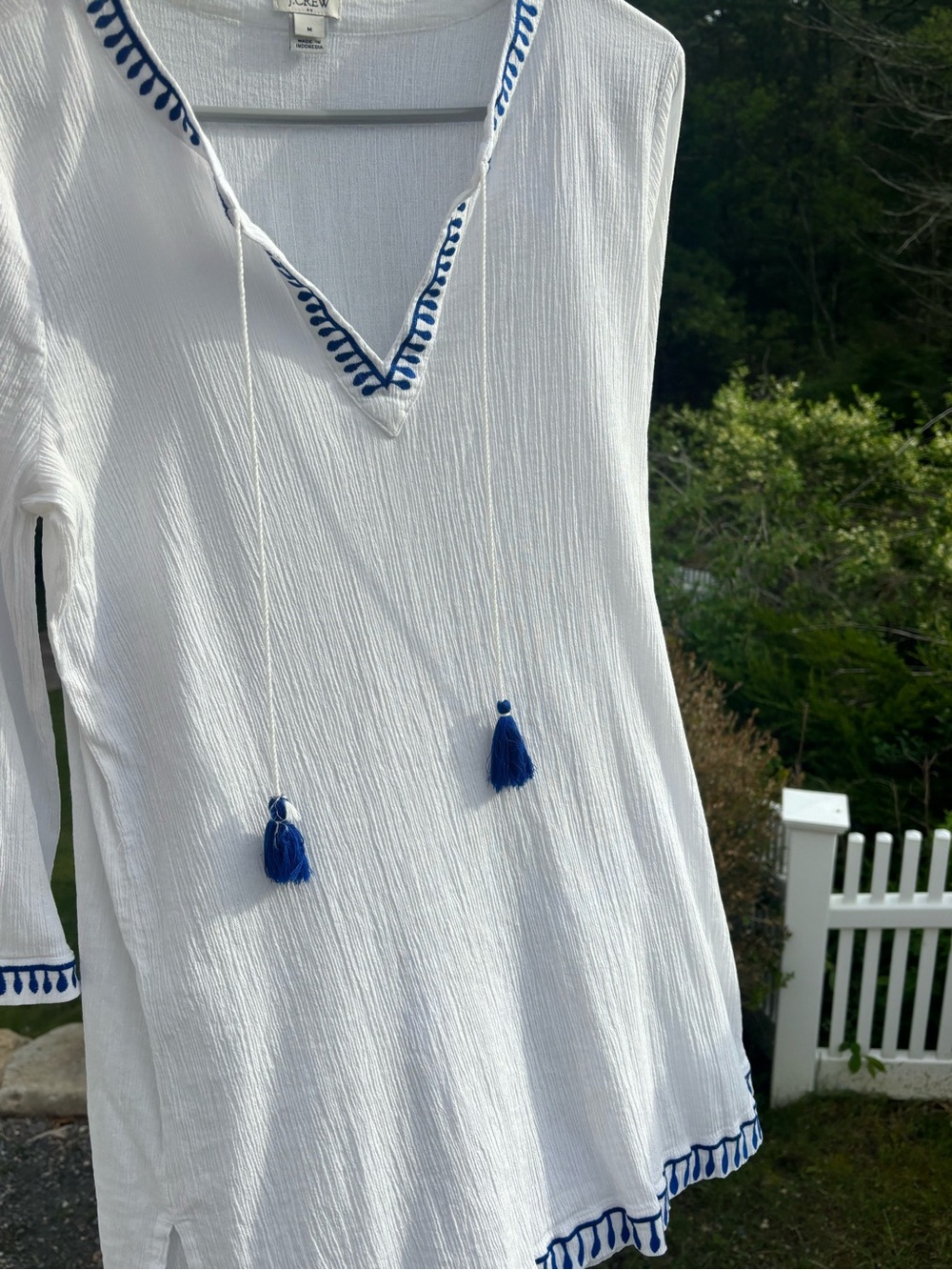 J.Crew White Cotton Tunic Cover Up Blue Tassel Embroidered Medium - Picture 2 of 11